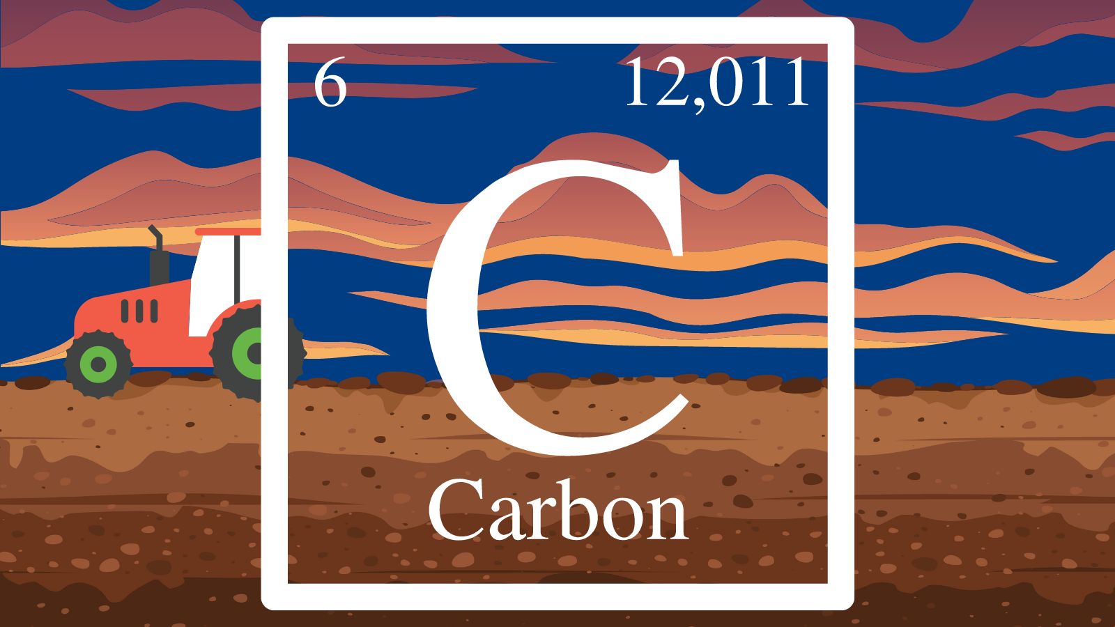 Illustration of a tractor in a field, with the chemical symbol for carbon imposed over the top.