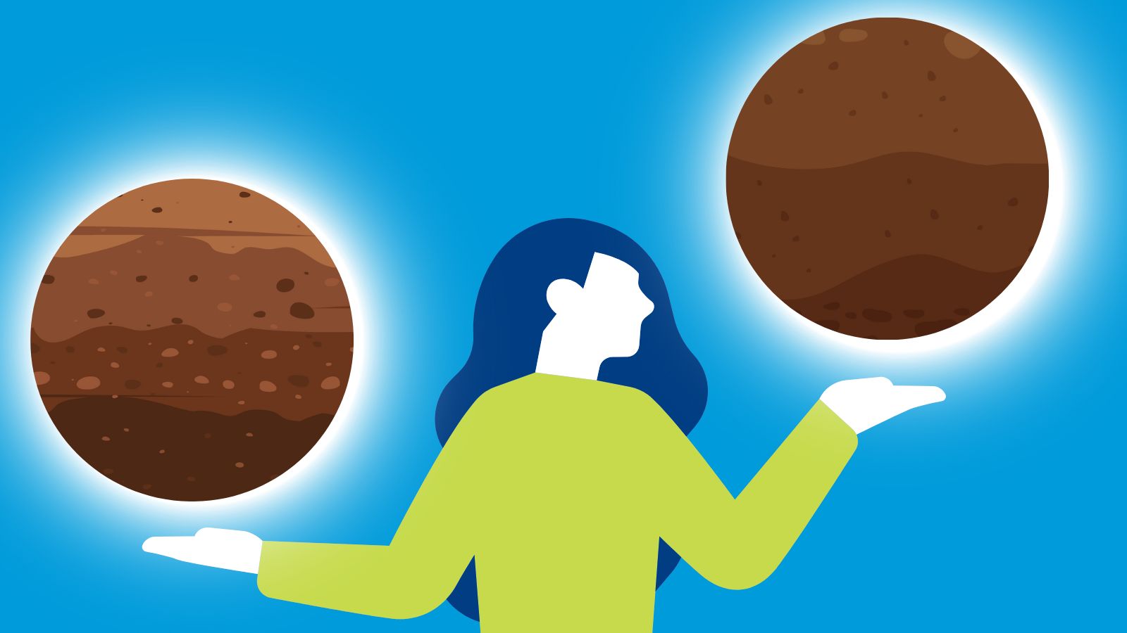 Illustration of person with long hair, holding up two circles contain soil.