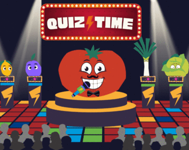 Tomato hosting a quiz for vegetables and fruit