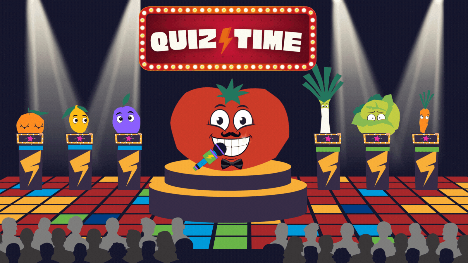 Tomato hosting a quiz for vegetables and fruit