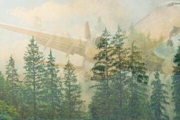 Double negative photograph of a plane flying over a forest.