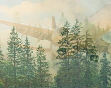 Double negative photograph of a plane flying over a forest.