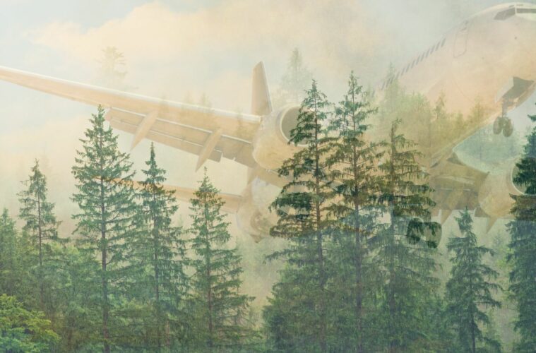 Double negative photograph of a plane flying over a forest.