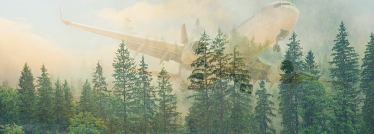 Double negative photograph of a plane flying over a forest.