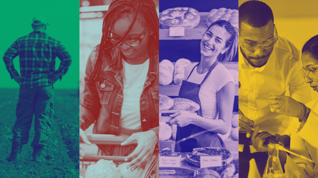 Series of images showing farmer, consumer, business owner and scientist