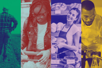 Series of images showing farmer, consumer, business owner and scientist