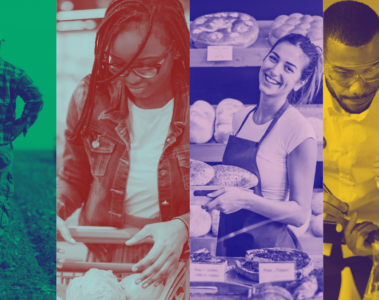 Series of images showing farmer, consumer, business owner and scientist