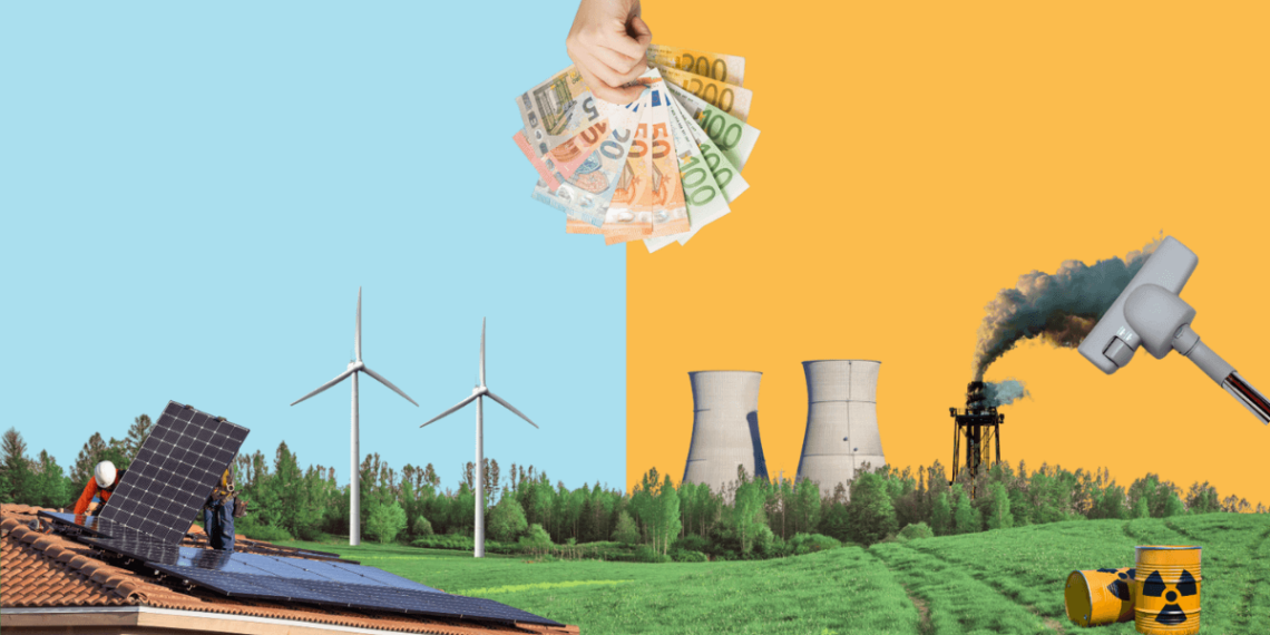 On the left, good alternatives for the future of industry like solar and wind and on the left, bad alternatives like CCS amd muclear. On top, money representing a choice the EU has to make.