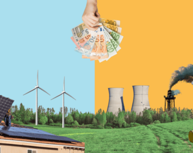 On the left, good alternatives for the future of industry like solar and wind and on the left, bad alternatives like CCS amd muclear. On top, money representing a choice the EU has to make.