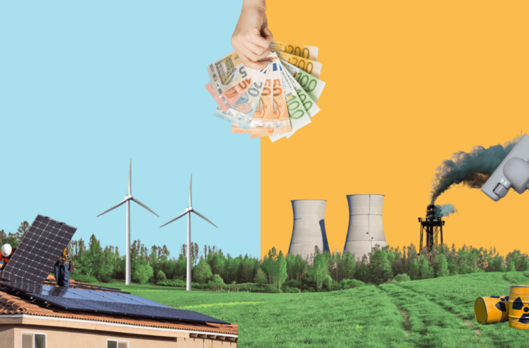 On the left, good alternatives for the future of industry like solar and wind and on the left, bad alternatives like CCS amd muclear. On top, money representing a choice the EU has to make.