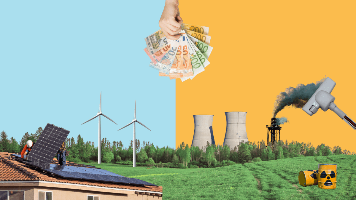 On the left, good alternatives for the future of industry like solar and wind and on the left, bad alternatives like CCS amd muclear. On top, money representing a choice the EU has to make.