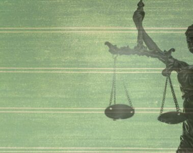 Lady justice blending in on top of an aerial view of a monoculture with a tractor spraying pesticides.