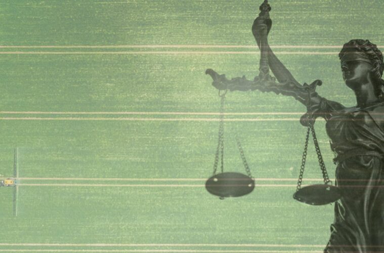 Lady justice blending in on top of an aerial view of a monoculture with a tractor spraying pesticides.