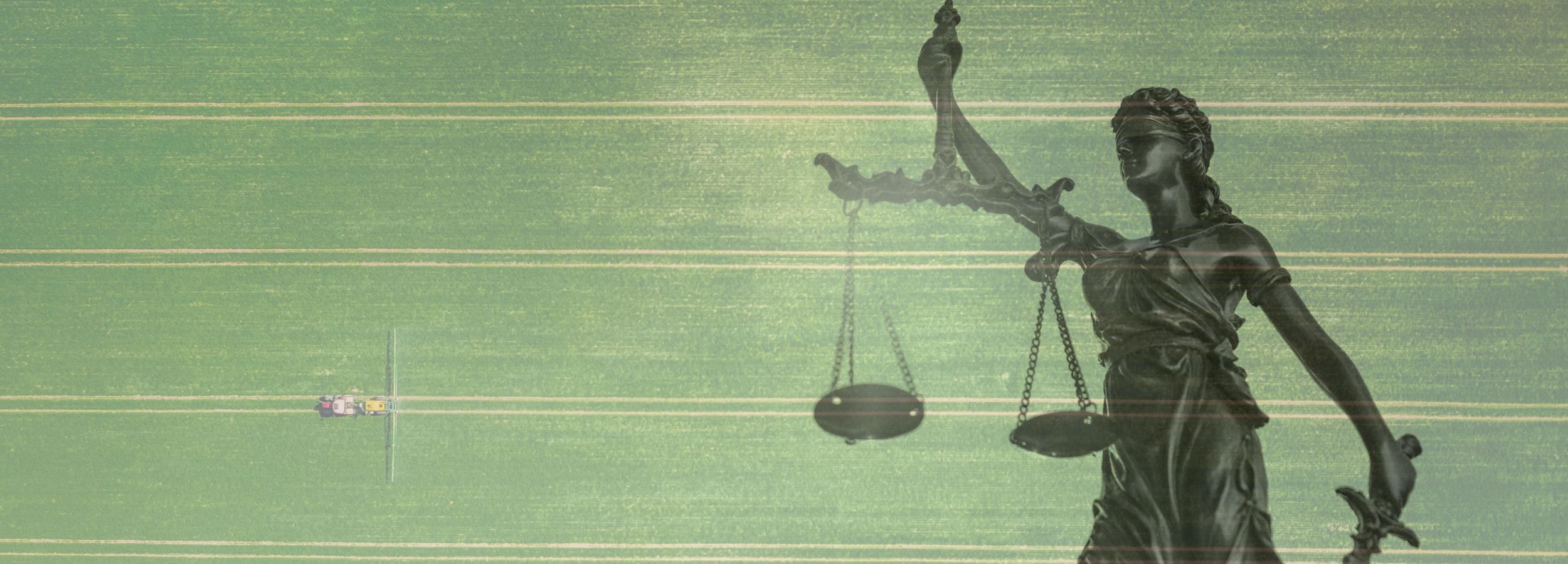 Lady justice blending in on top of an aerial view of a monoculture with a tractor spraying pesticides.