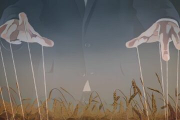 Hands with puppet strings over a wheat field.