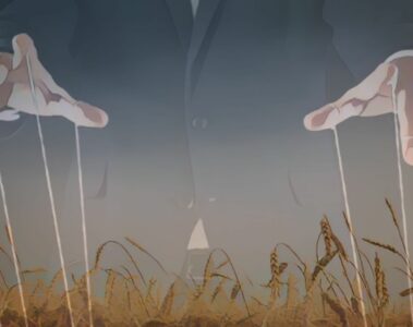 Hands with puppet strings over a wheat field.