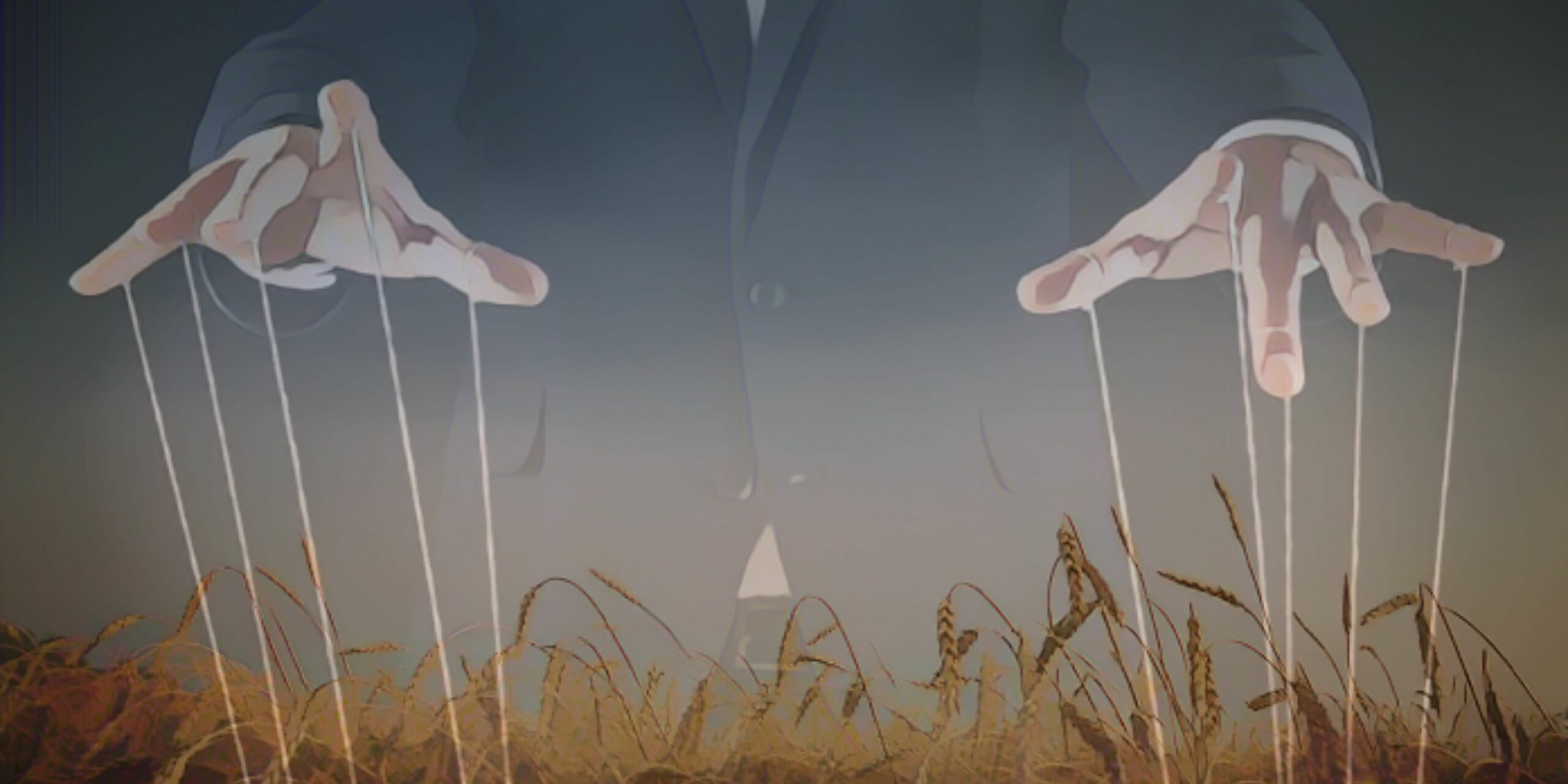 Hands with puppet strings over a wheat field.