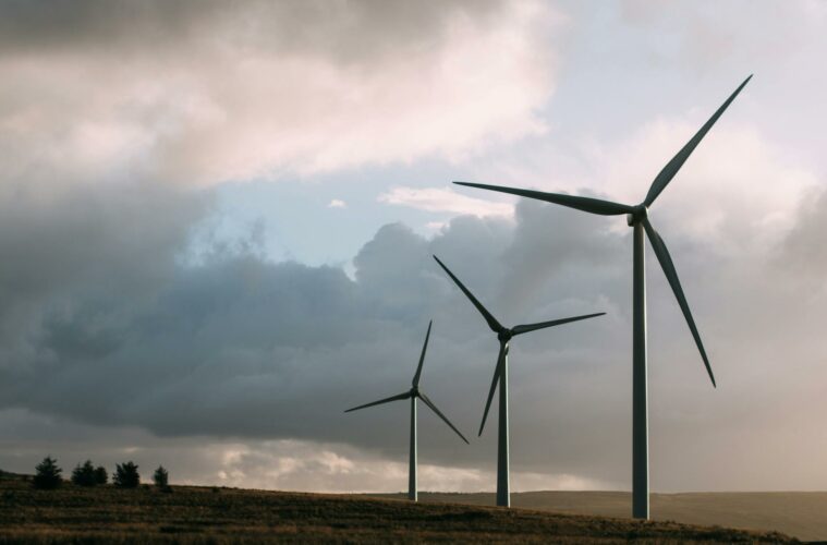 three gray wind turbine